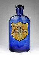 1I617 old blue pharmacy apothecary bottle sol. Jodi spir.