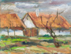 Ilona Bruschné Altai: farm in Szolnok (oil, cardboard, 30x40 cm) village life - female painter