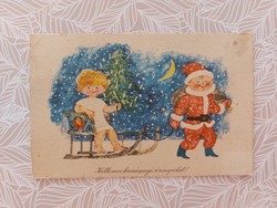 Régi karácsonyi rajzos képeslap levelezőlap Mikulás szánkó hóesés
