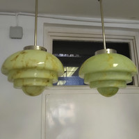 A pair of art deco nickel-plated ceiling lamps renovated - special shape, marbled green shade