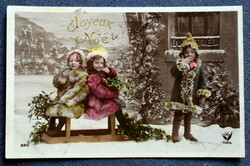 Antik Karácsonyi üdvözlő fotó képeslap  gyerekek szánkón téli táj