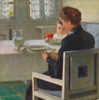Carl Moll - Anya és gyermeke reggelizik - vakrámás vászon reprint