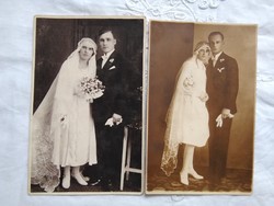 2 db antik magyar műtermi esküvői fotó, csipke fátyol 1930 körüli darabok, Salgótarján, Budapest