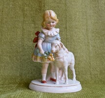 Gebrüder Heubach 19736 antik jelzett német porcelán figura kislány bárány 9,5 x 7 x 13,5 cm