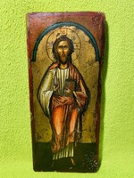Vastag festékrétegű fára festett antik ikon - Jézus