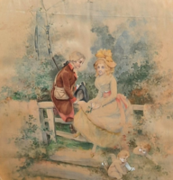 Antique silk picture with a couple in love (oval picture, frame 50x45 cm) life picture, lovers, angels