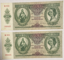 2 pieces of serial number followed by 10 pengő 1936.