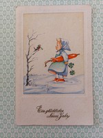 Old New Year's card 1928 postcard little girl little bird clover