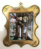 Hand-painted old orthodox porcelain pendant that can be hung around the neck / St. Tyihon? /