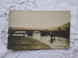 Antique postcard / photo postcard amateur photo, Hungarian landscape, river, bridge, rider, little girl 1903