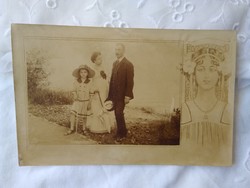 Family / little girl / father / mother with sepia photo sheet decorated with antique Art Nouveau graphics