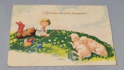 Régi húsvéti képeslap, üdvözlőlap, levelezőlap 1939 bárányok, rét, kispásztor