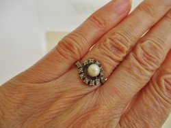 Szépséges antik valódi gyöngy és markazit ezüst gyűrű