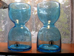 Retro ikea blue glass vase, pair of candle holders, handmade