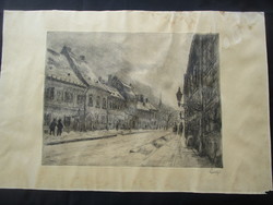 István Élesdy: Budavári street section, buda castle district, signed etching by the artist