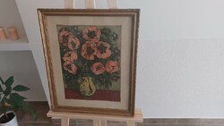 (K) imre istván linocut 53x44 cm with frame poppies