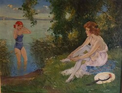Illencz Lipót (1882-1950) olaj-vászon Fürdőző lányok