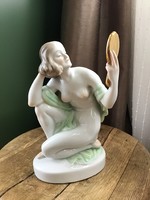 Régi Herendi nő tükörrel kézzel festett porcelán szobor