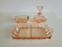 Old glass toiletry set art deco pink cologne perfume bottle tray bowl 3 pcs