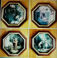 Old-style wall picture, in an 8-angled wooden frame, with old-style pictures.