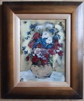 Fehér Margit tűzzománc kép, virágcsokor vázában