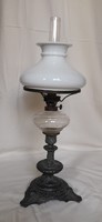 Antique old table kerosene lamp cast iron base white glass shade glass bay 19th century large size