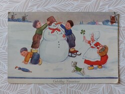 Old New Year postcard postcard snowman kids clover puppy