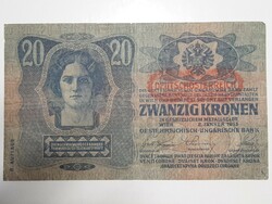 20 korona 1913   VF   II. kiadás osztrák oldalon osztrák felül bélyegzés