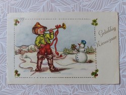 Old New Year's card postcard little boy snowman clover trumpet
