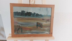 (K) Gábri Albert tájképfestmény legelésző tehenekkel 45x35 cm kerettel