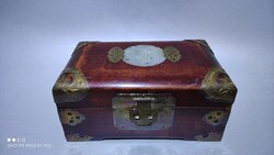 Rosewood jewelry box with jade decoration and copper studs