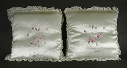 1K209 hand painted floral decorative silk throw pillow pair marked by Kosovar artist