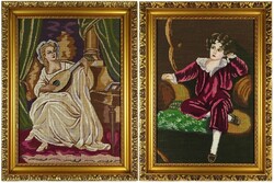 1K219 pair of tapestries with old gold frames