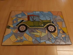 Tscheligi sign glass mosaic picture, on some kind of slate base, 66x43 cm, heavy, two hangers, flawless!