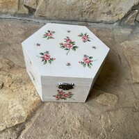 Decoupage pink antique white effect hexagonal gift box treasure chest box