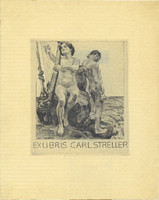 Carl Streller (1889-1967) rézkarc : Pár hárfával nagy méretű ex libris