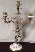 Dt/109 - beautiful, antique, painted porcelain inlay 3-branch table candle holder made of copper alloy