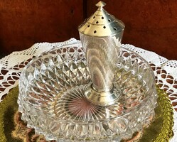 Old, art deco, silver-plated, alpaca powdered sugar sprinkler, rare style, perfect crystal bowl