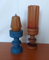 Pair of retro turned wooden candle holders with original candles, 60s-70s