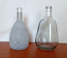 Two old liquor glass bottles, rhombus-patterned frosted glass, for vases or decorations, flawless