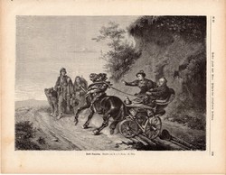 Végzetes találkozás, metszet, 1875, eredeti, német, 22 x 31 cm, fametszet, medve, ló, kocsi, fatális