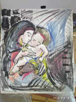 Madonna with child painting on cardboard Virgin Mary image of little Jesus