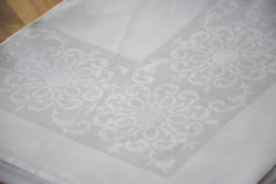 Old giga huge large rare linen damask flower pattern tablecloth table cloth 257 x 122 cm