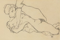 Egon Schiele Fekvő női akt felemelt lábbal REPRINT erotikus művészeti nyomat