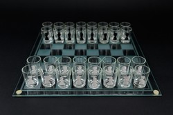Chess, with glass cups, half chess, with glass board, glass cup with pieces.