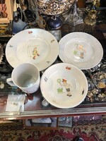 Zsolnay porcelain children's tableware, light rail, 4 pieces.