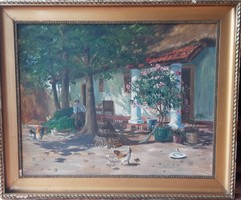 Ferenc Ujváry (1898-1971) - courtyard with Leander - oil painting - 61 cm x 76 cm