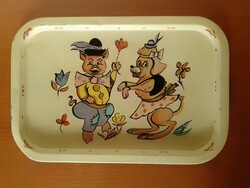 Cheerful, colorful enameled metal retro children's tray, 70s, pig dog animal figure fairy tale character