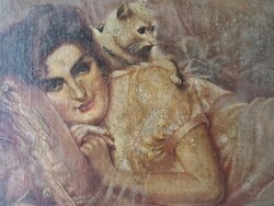 Pamlagon pihenő hölgy macskával festmény