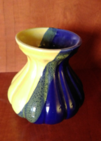 Blue-yellow belly, fashionable, cozy retro small (11.5 cm) ceramic vase with a bay
